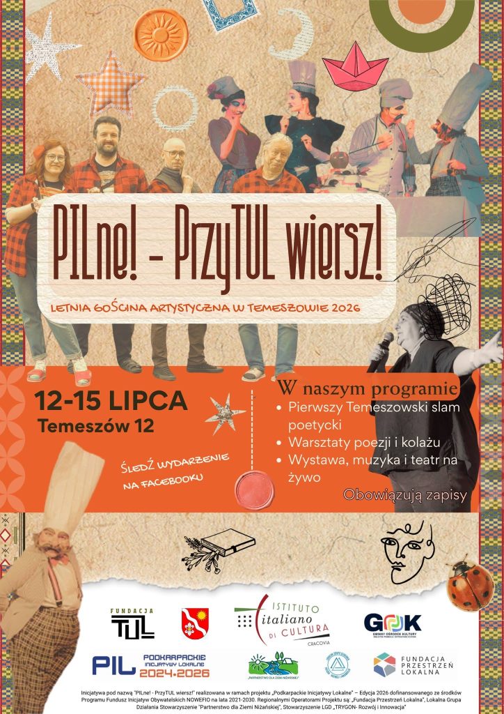 Grafika przedstawiająca ilustracje aktorów oraz rekwizytów teatralnych. Zaproszenie do udziału w wydarzeniu artystycznym pod nazwą "Pilne! - Przytul wiersz!