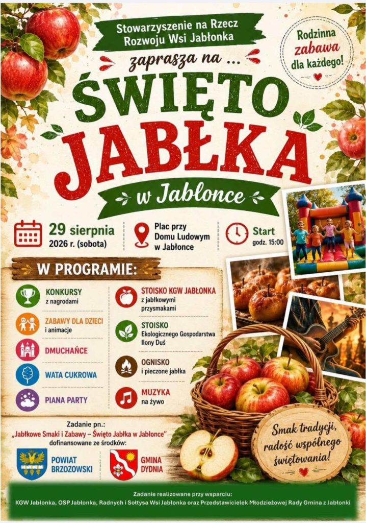 Grafika ze zdjęciem jabłek i z zaproszeniem do udziału w Święcie Jabłka w Jabłonce. 